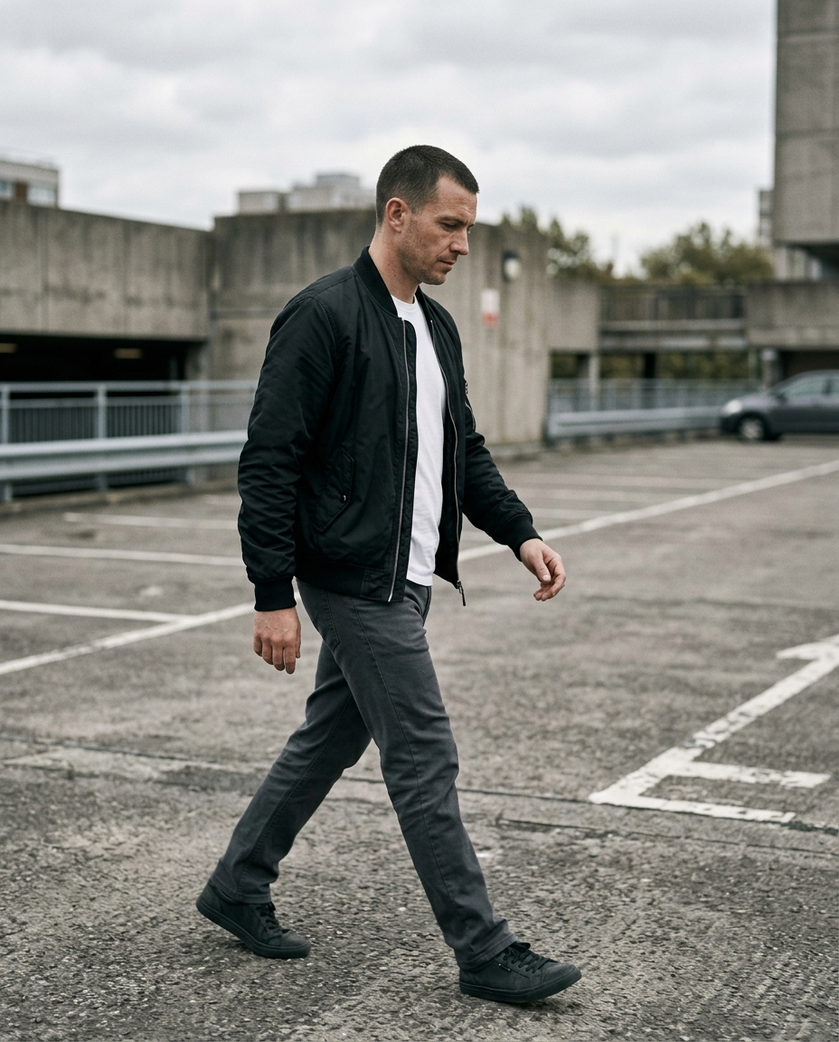 Man walking wearing the Bomber Jacket Clean Standard in black, side view