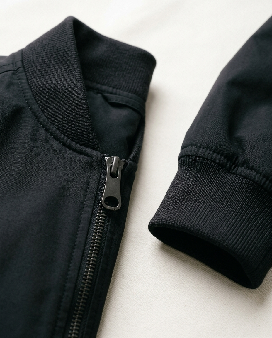 Ribbed collar, zip pull and cuff detail of the Bomber Jacket Clean Standard