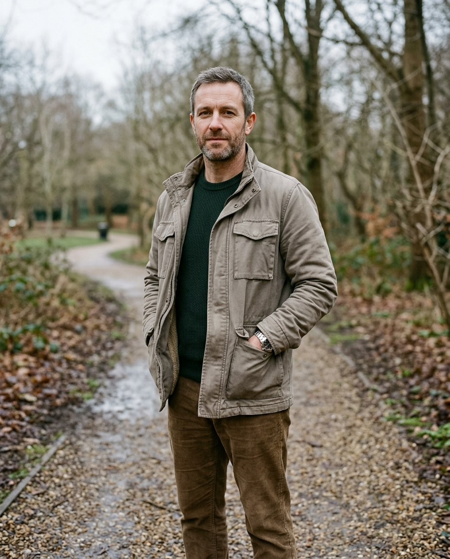 Man wearing the Field Jacket Lined Wayfarer in stone on a park path