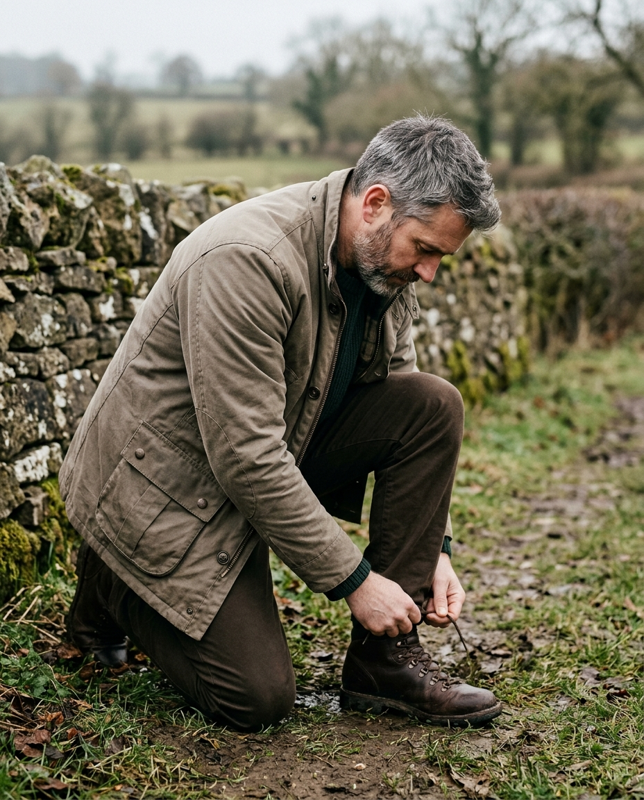 Man crouched beside a stone wall wearing the Field Jacket Lined Wayfarer in stone