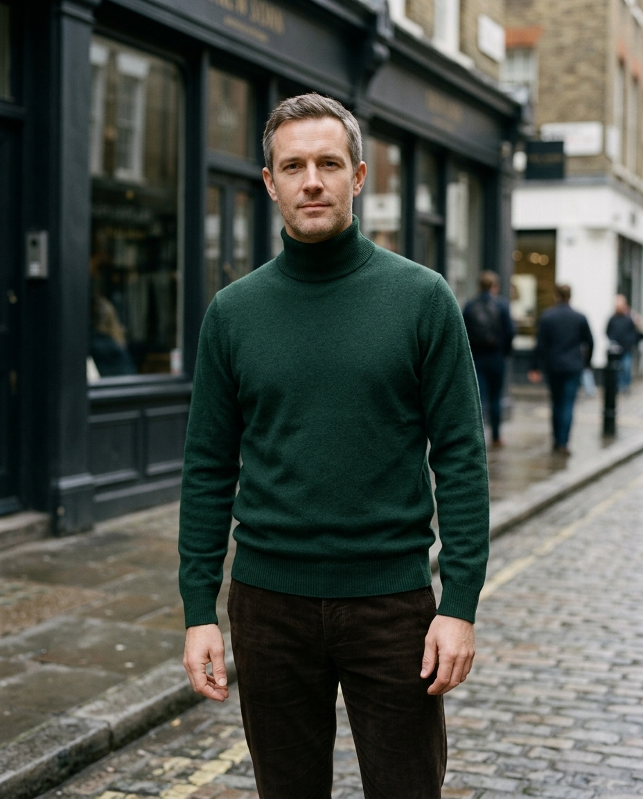 Man wearing the Funnel Neck Sweater Quiet Moorland in forest green on a cobbled London street