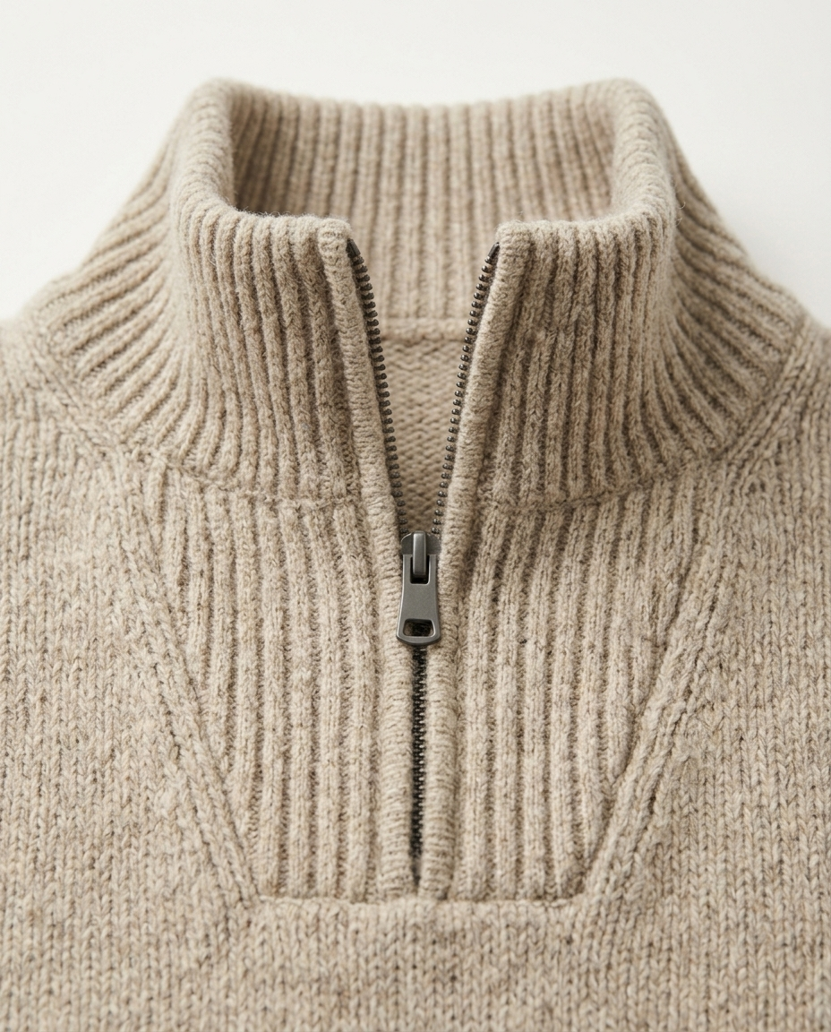 Ribbed stand collar and long half-zip detail of the Half-Zip Sweater Brushed Highland