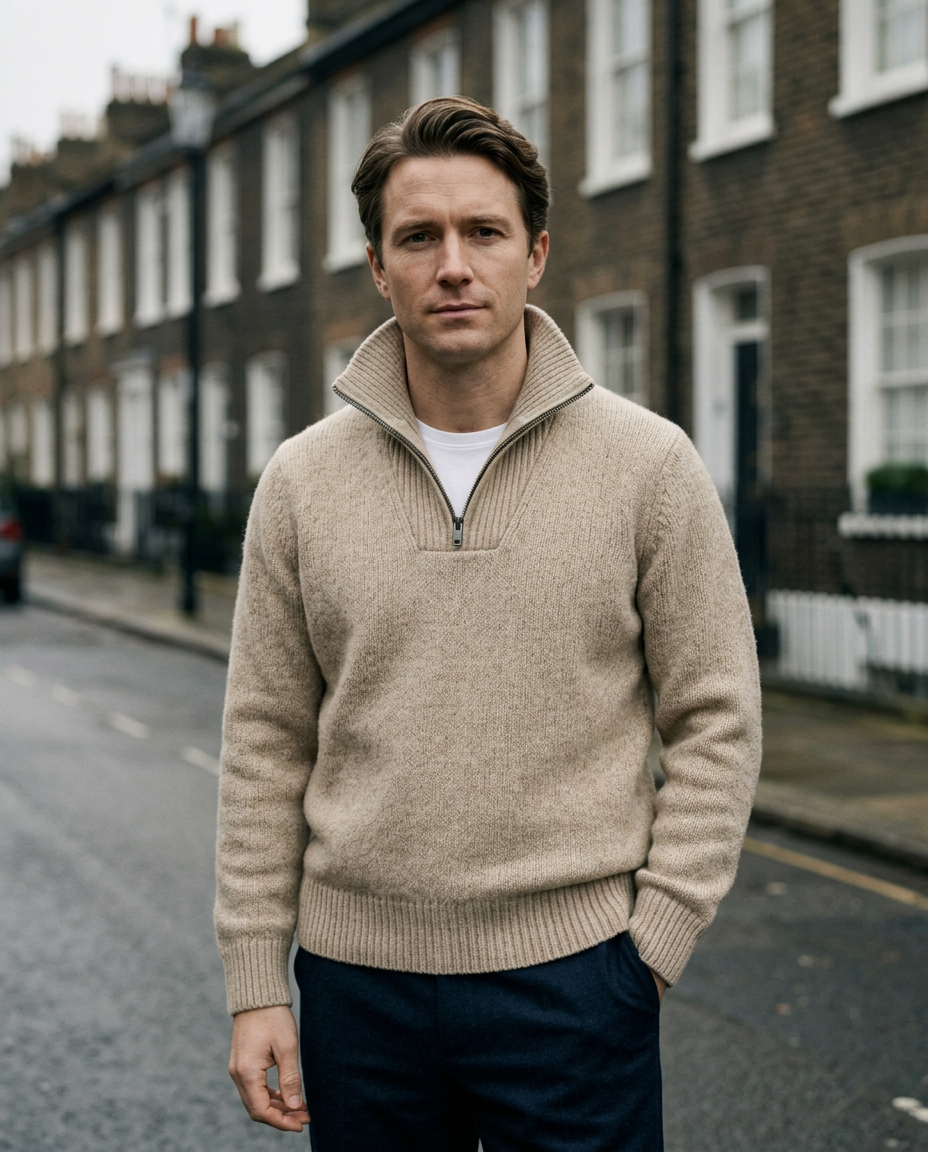 Man wearing the Half-Zip Sweater Brushed Highland in oatmeal on a London street