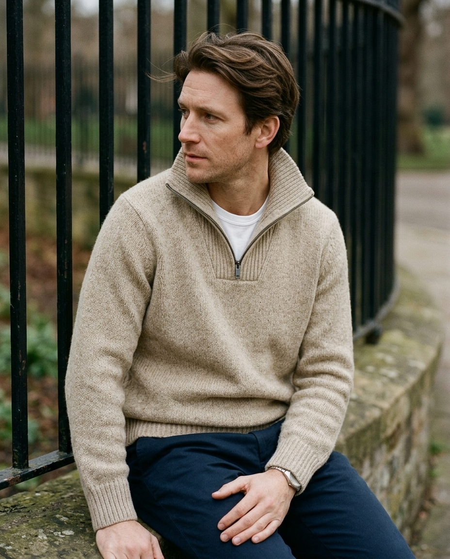 Man seated wearing the Half-Zip Sweater Brushed Highland in oatmeal, side angle