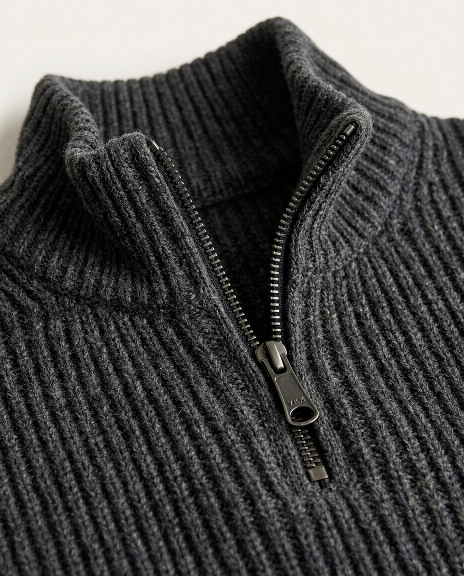 Ribbed stand collar and half-zip detail of the Half-Zip Sweater Ribbed Meridian