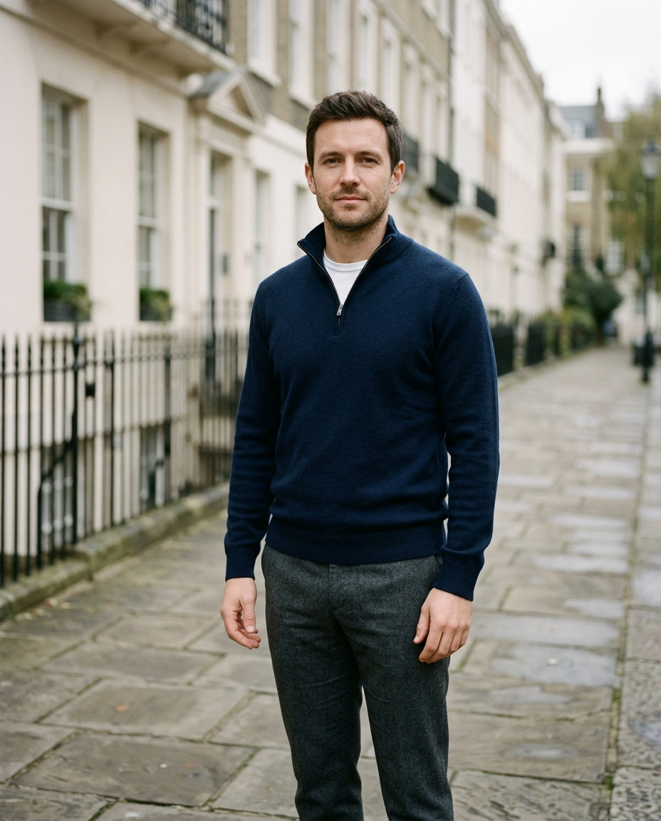 Man wearing the Quarter-Zip Sweater Refined Heritage in navy on a London street