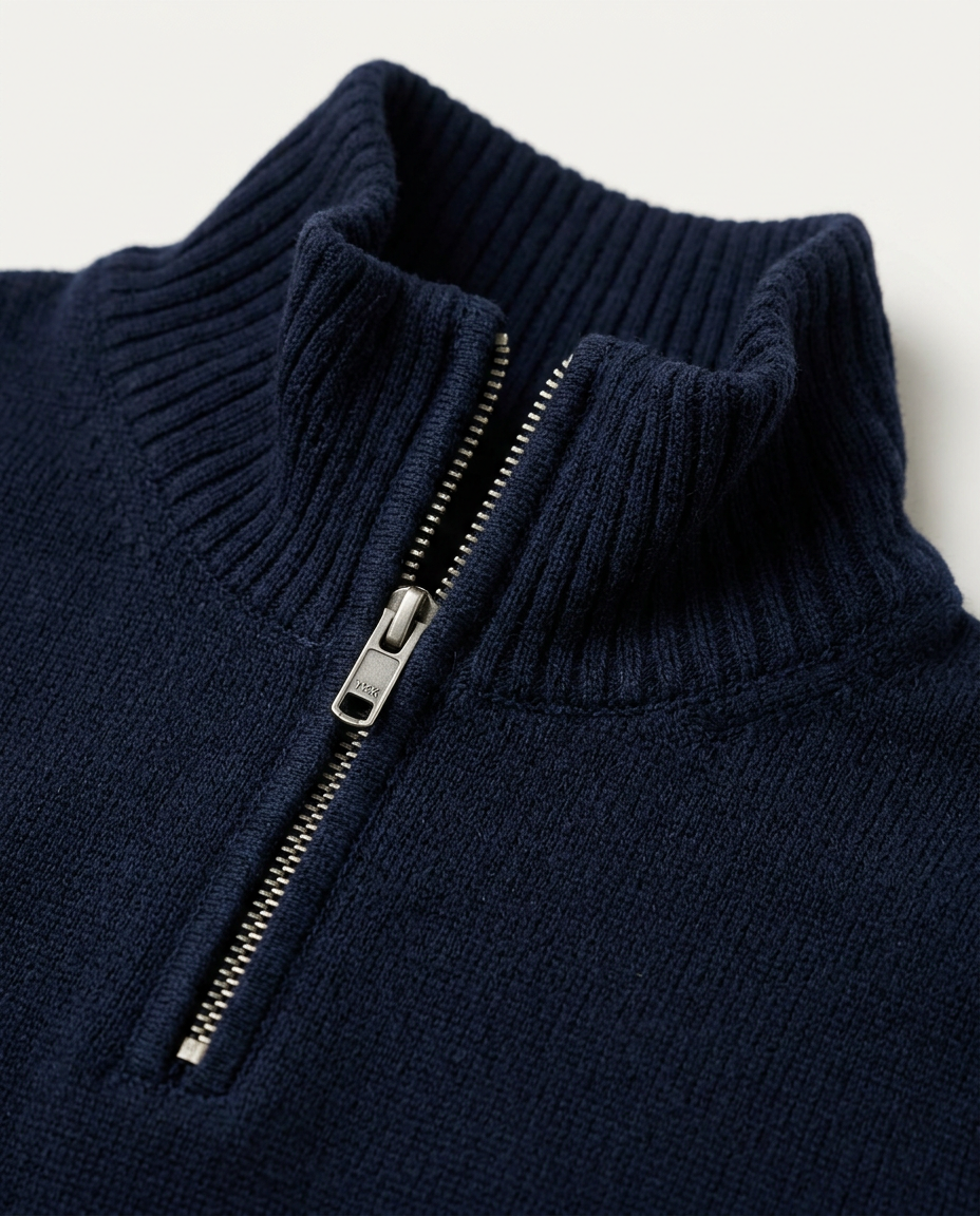 Ribbed funnel collar and half-zip detail of the Quarter-Zip Sweater Refined Heritage