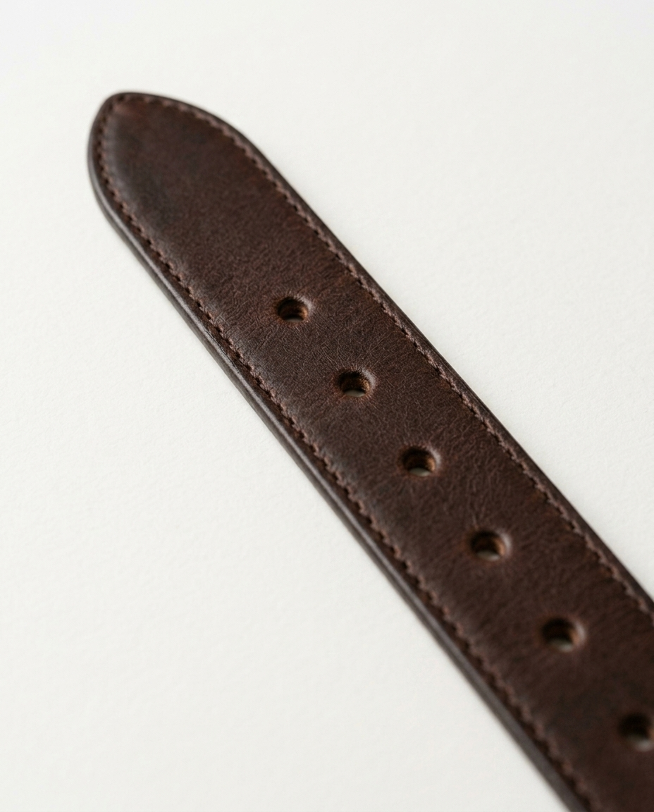 Tapered tip and punched holes of the Leather Belt Classic Grain in dark brown