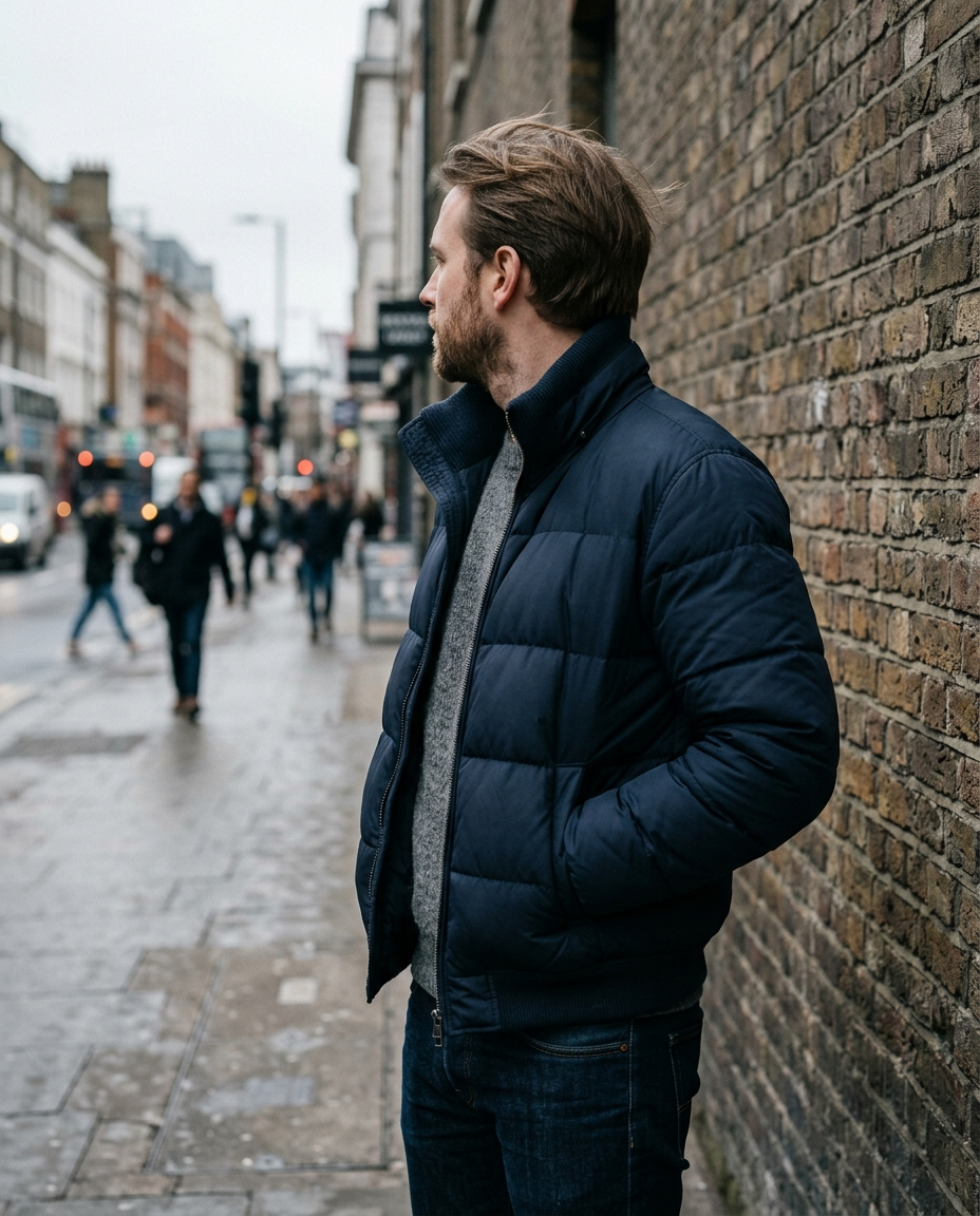 Man beside a brick wall wearing the Padded Bomber Jacket Northern Harbour in navy