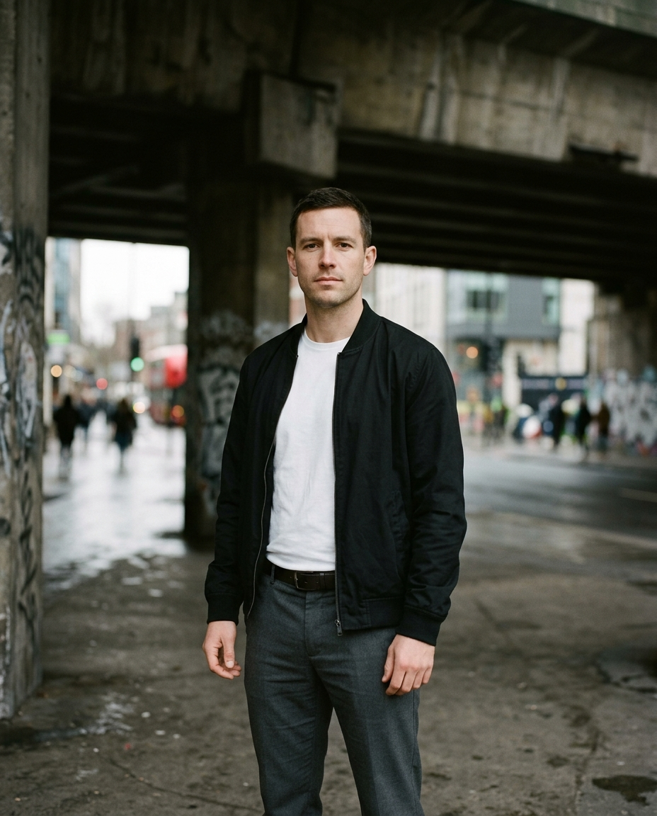Man wearing the Bomber Jacket Clean Standard in black under a city underpass
