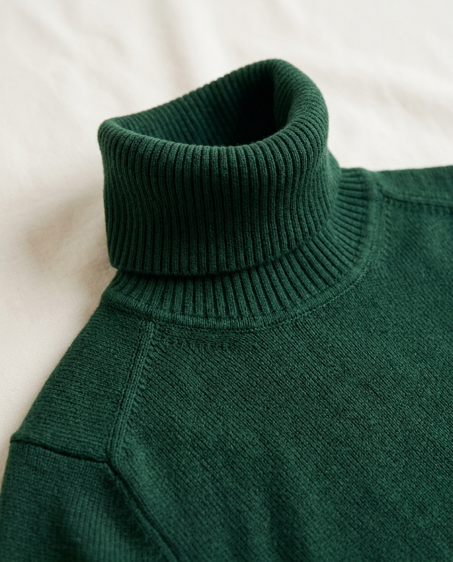 Tall funnel collar detail of the Funnel Neck Sweater Quiet Moorland in forest green