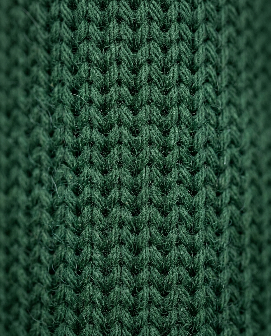 Fine gauge knit fabric texture of the Funnel Neck Sweater Quiet Moorland in forest green
