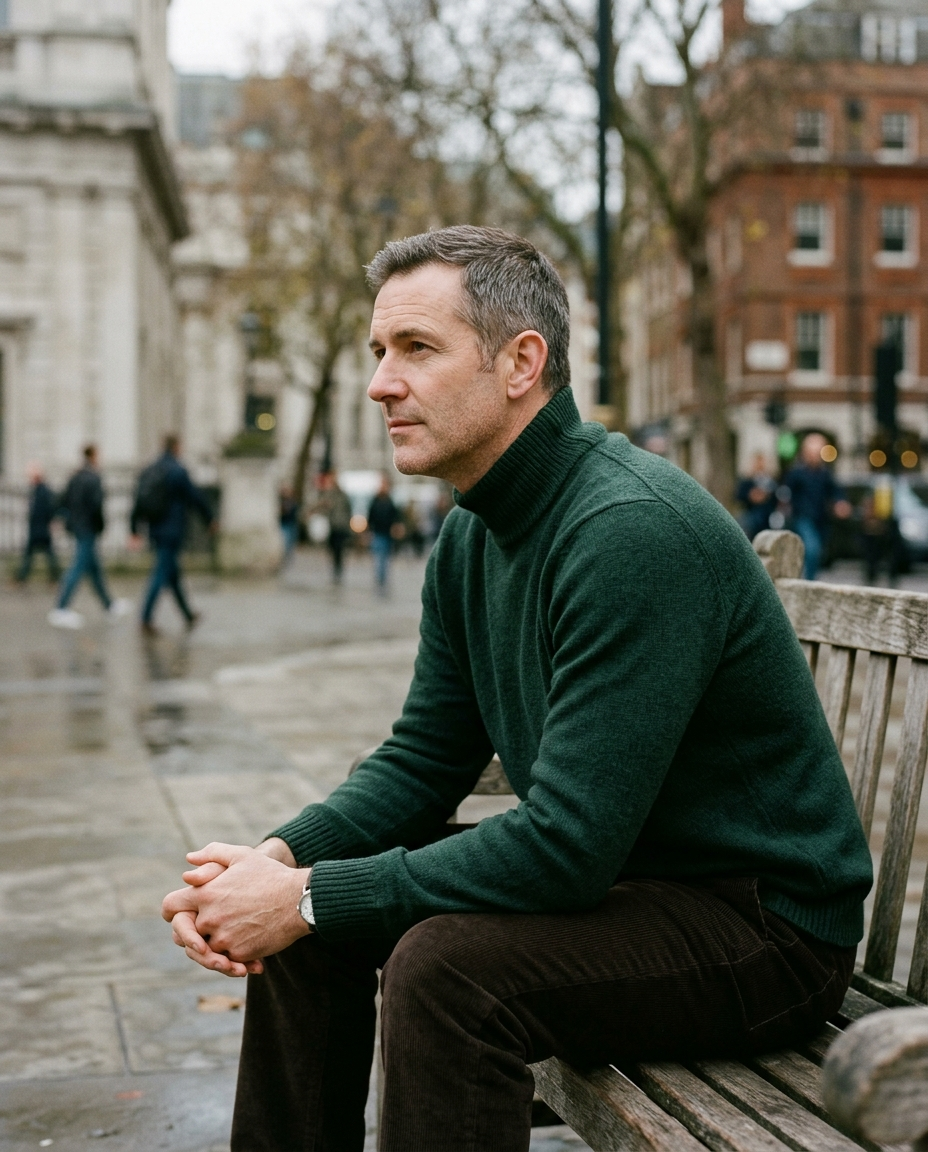 Man seated on a bench wearing the Funnel Neck Sweater Quiet Moorland in forest green