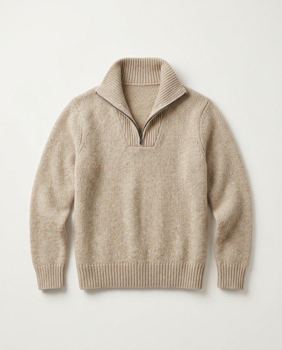 Half-Zip Sweater Brushed Highland in oatmeal, front view