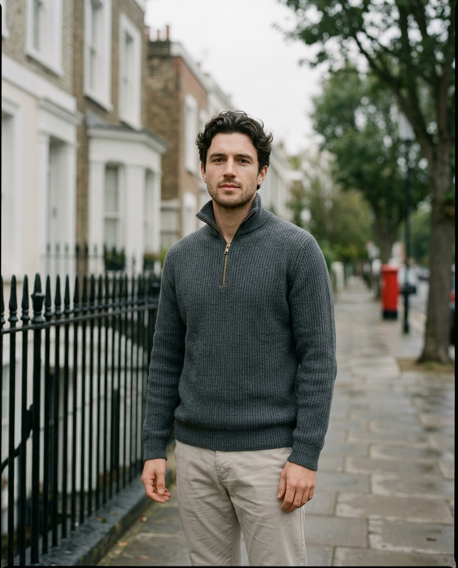 Man wearing the Half-Zip Sweater Ribbed Meridian in charcoal on a London street