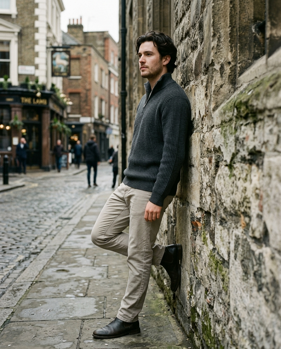 Man leaning against a stone wall wearing the Half-Zip Sweater Ribbed Meridian in charcoal