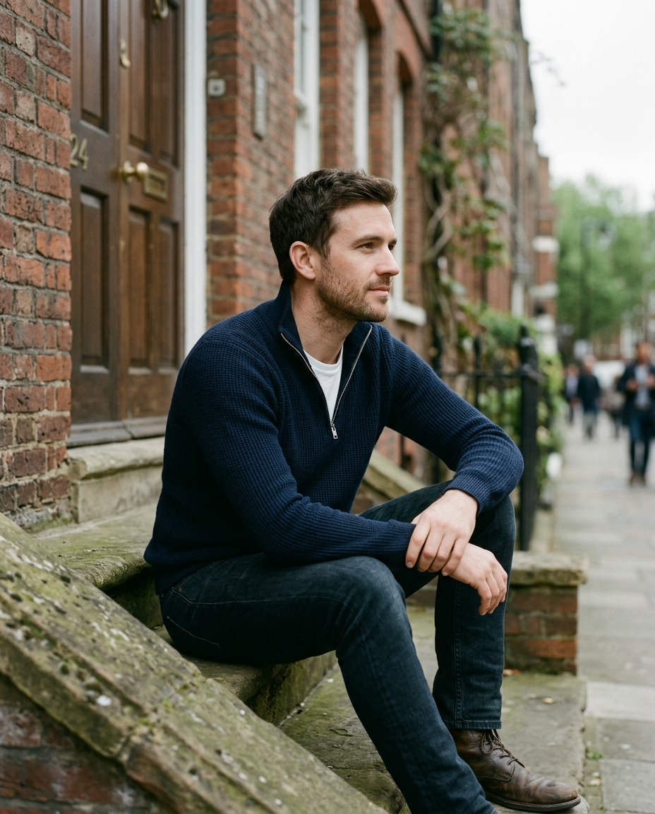 Man seated wearing the Quarter-Zip Sweater Refined Heritage in navy, side angle