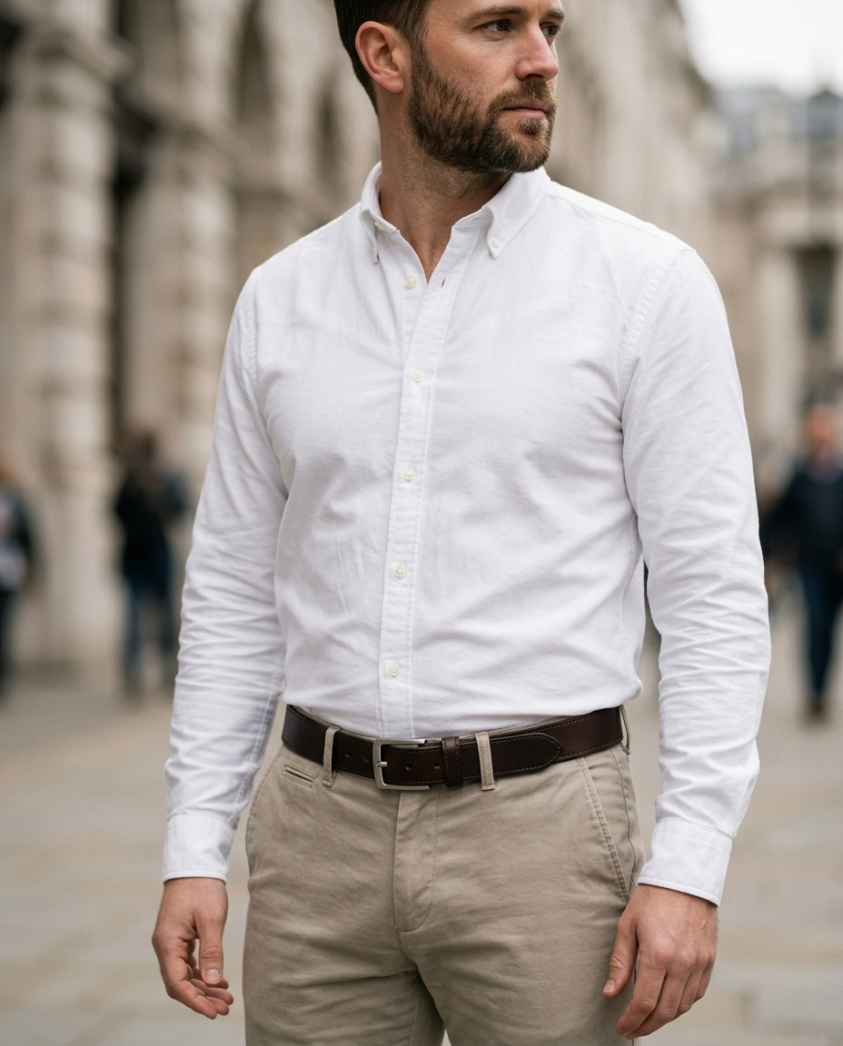 Man wearing the Leather Belt Classic Grain in dark brown with stone trousers