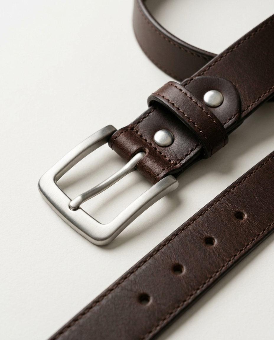 Brushed silver pin buckle detail of the Leather Belt Classic Grain