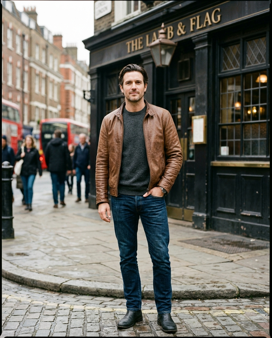 Man wearing the Leather Jacket Weathered Signature in brown on a London corner