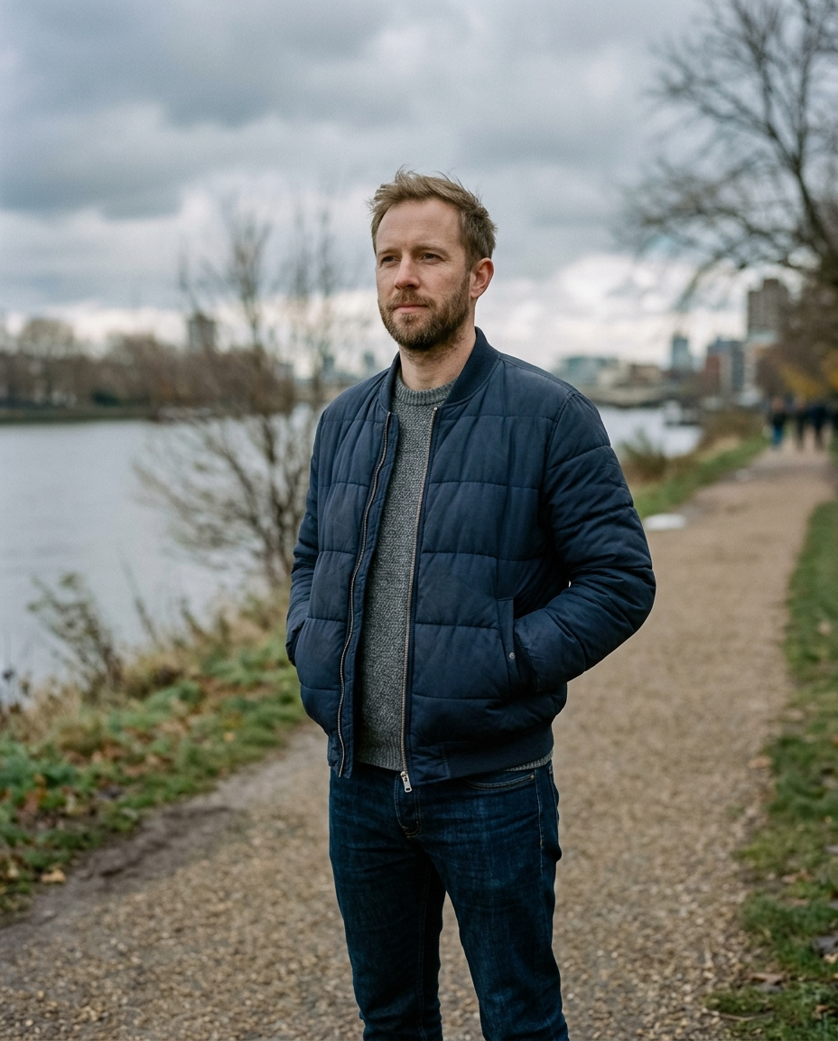 Man wearing the Padded Bomber Jacket Northern Harbour in navy on a riverside path