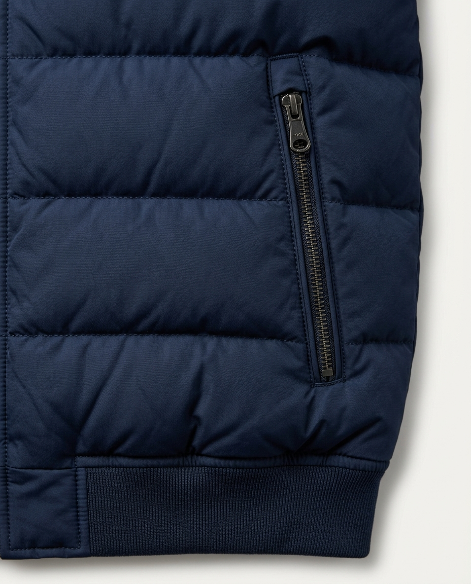 Quilted chest panel and zipped pocket detail of the Padded Bomber Jacket Northern Harbour