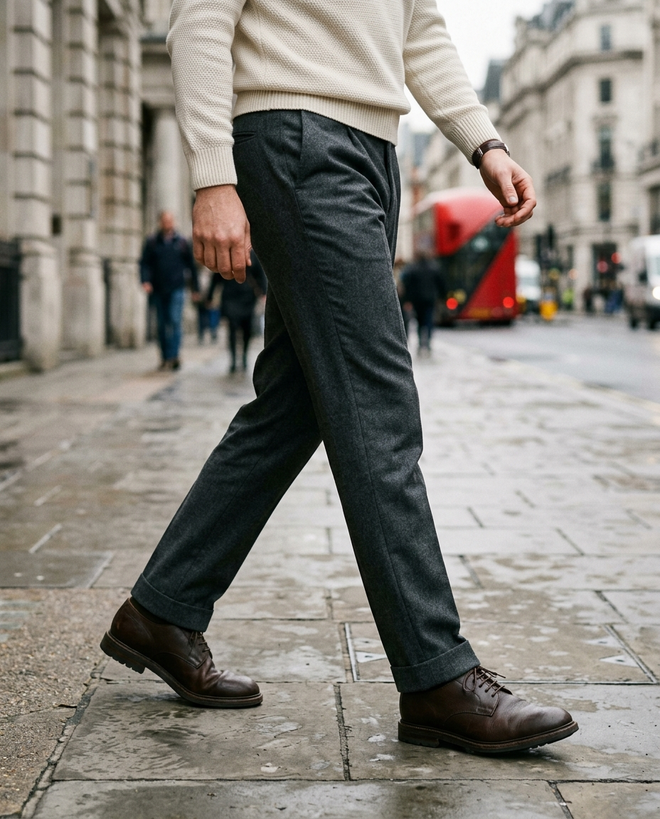 Man walking wearing the Tailored Trousers Soft Grainline in charcoal