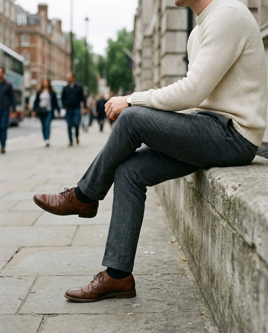 Man seated wearing the Tailored Trousers Soft Grainline in charcoal, side view